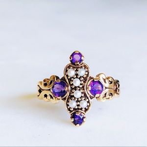 Vintage 9K Yellow Gold Amethyst Seed Pearl Ring